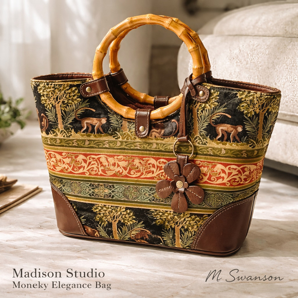 Relic Handbags - Bamboo Handle Tapestry Carpet Bag Top Handle Tote with faux leather flower charm